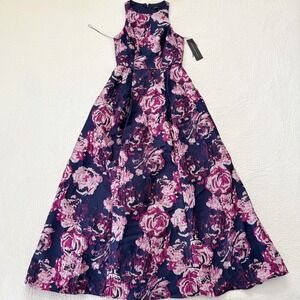 $440 AIDAN MATTOX Brocade Gown with Pleats, Eggplant